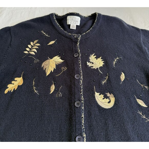 Y2K Christopher Banks Hand Embroidered Navy Gold Leaves Fall Cardigan Sweater XL - Picture 2 of 10